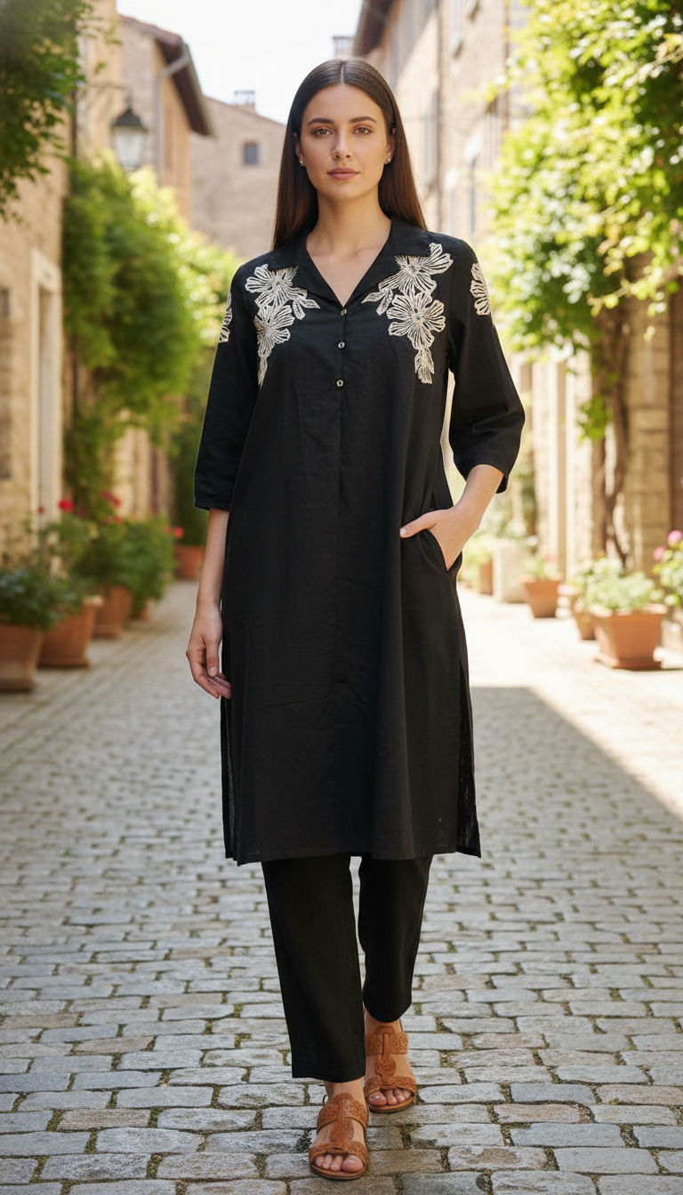 Handson Black Embroidery Kurta Set