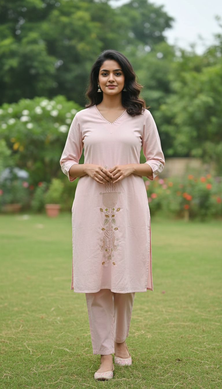 Nola Flower Pink Embroidery Kurta Set