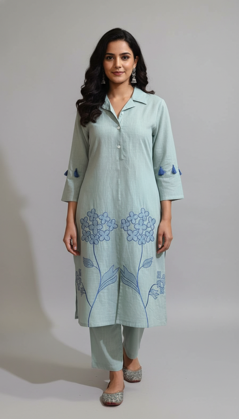 Flaur Pastel Mint Green Embroidery Co-ord set