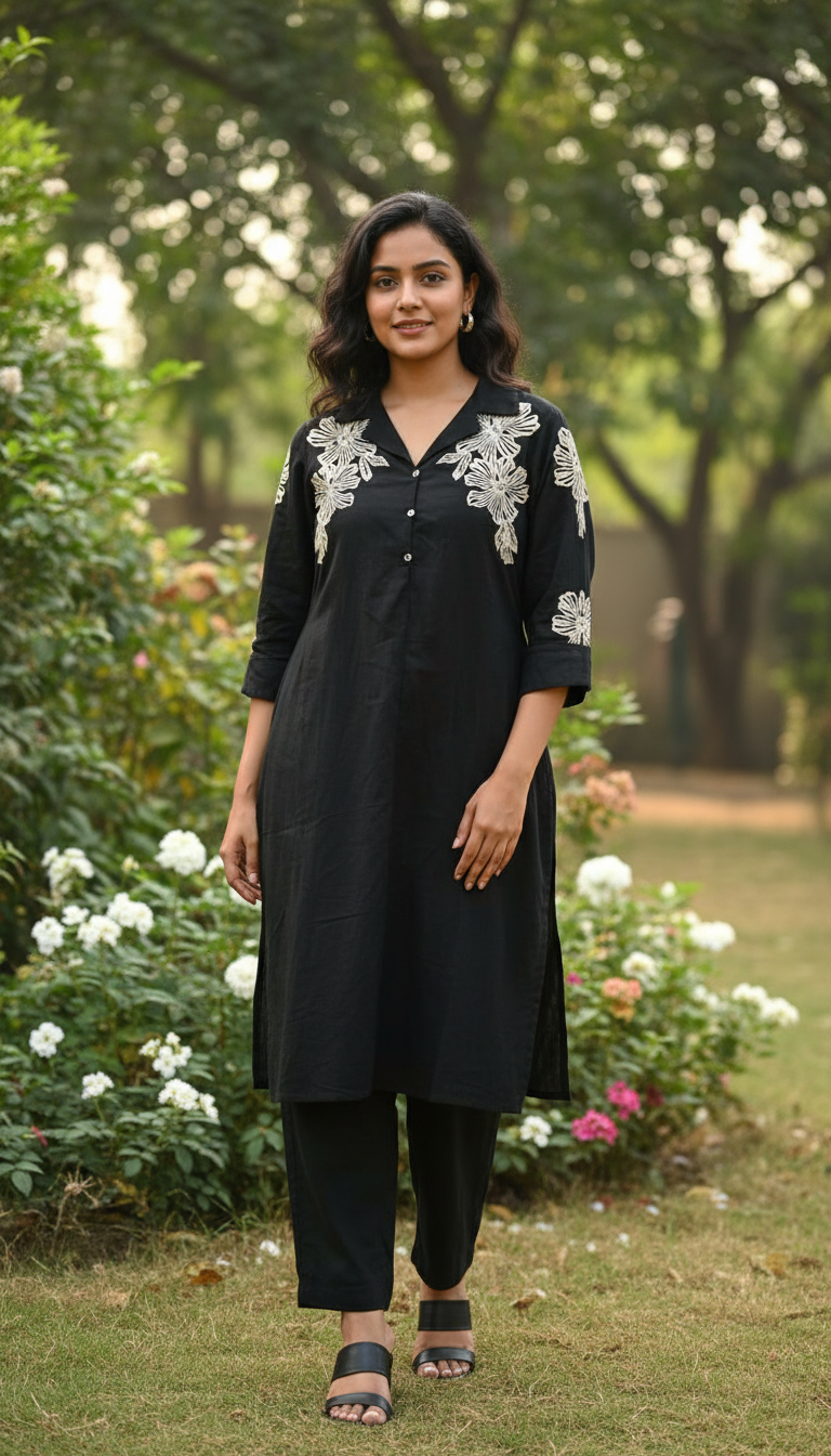 Handson Black Embroidery Kurta Set