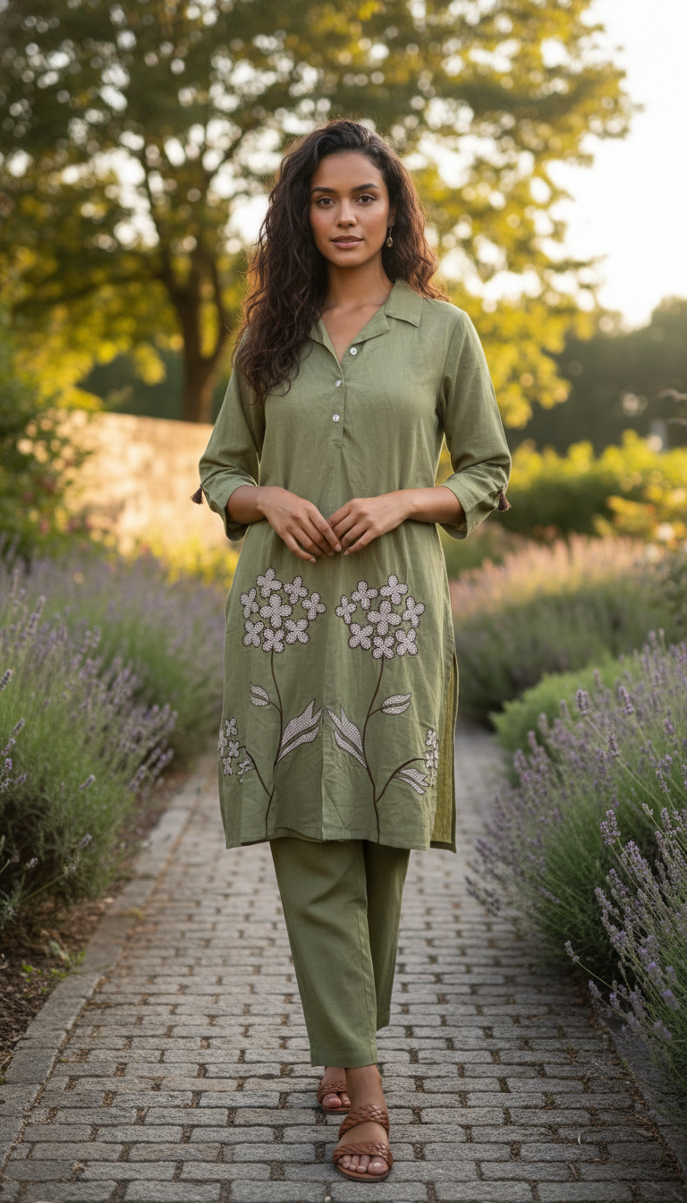 Flaur Olive Green Embroidery Co-ord set