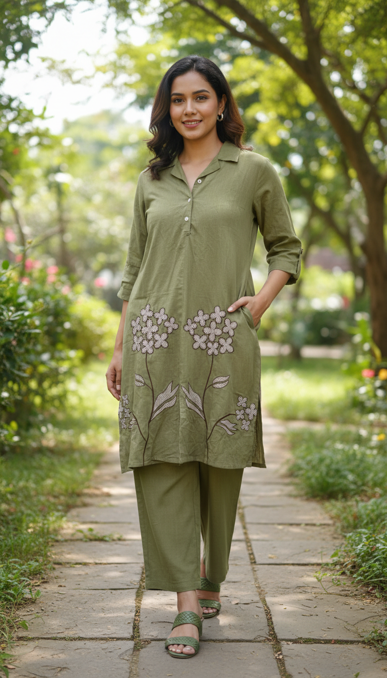 Flaur Olive Green Embroidery Co-ord set