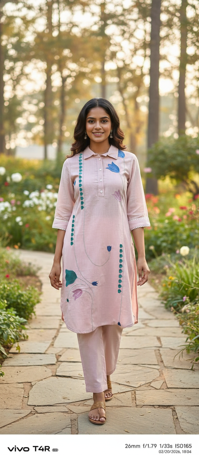 Salon Pink Embroidery Kurta Set