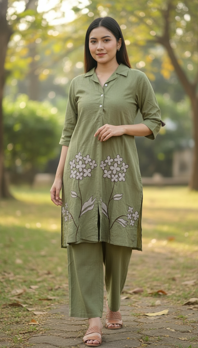 Flaur Olive Green Embroidery Co-ord set