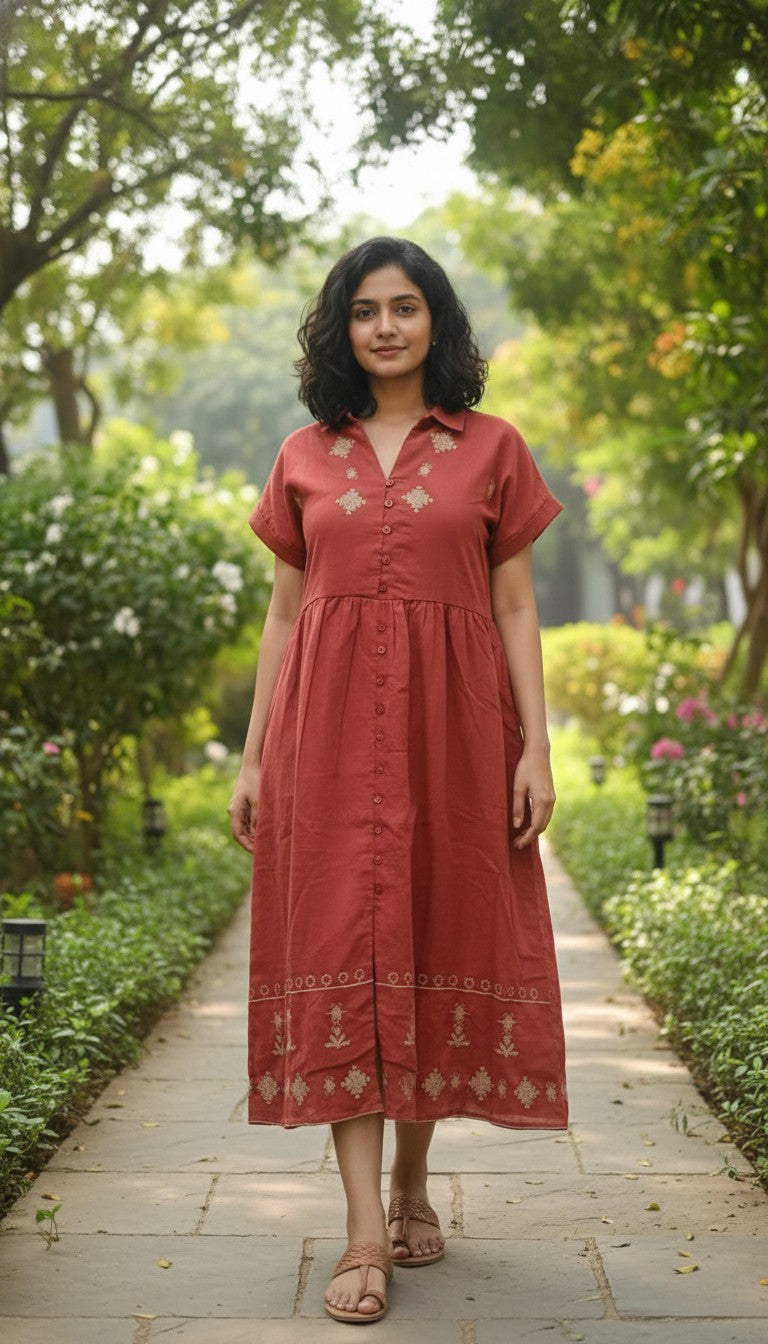 Dalya Marron Embroidery Dress