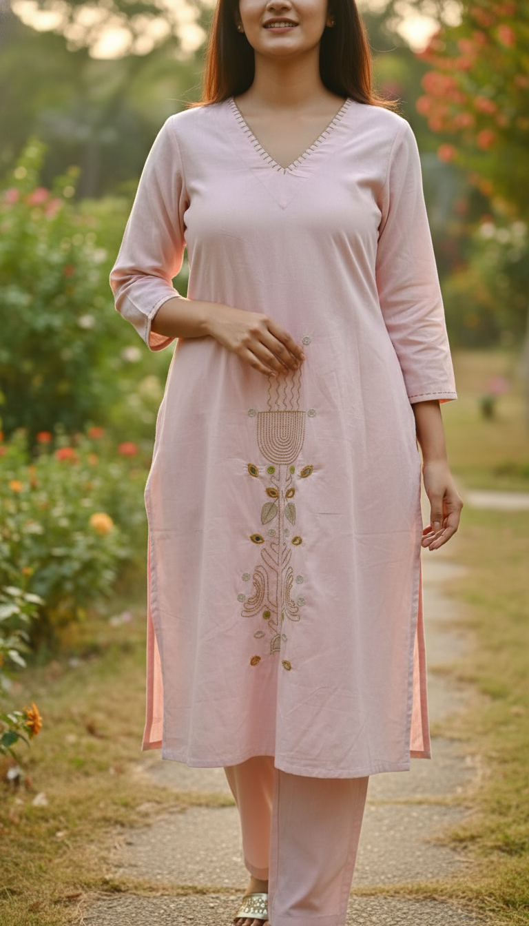 Nola Flower Pink Embroidery Kurta Set