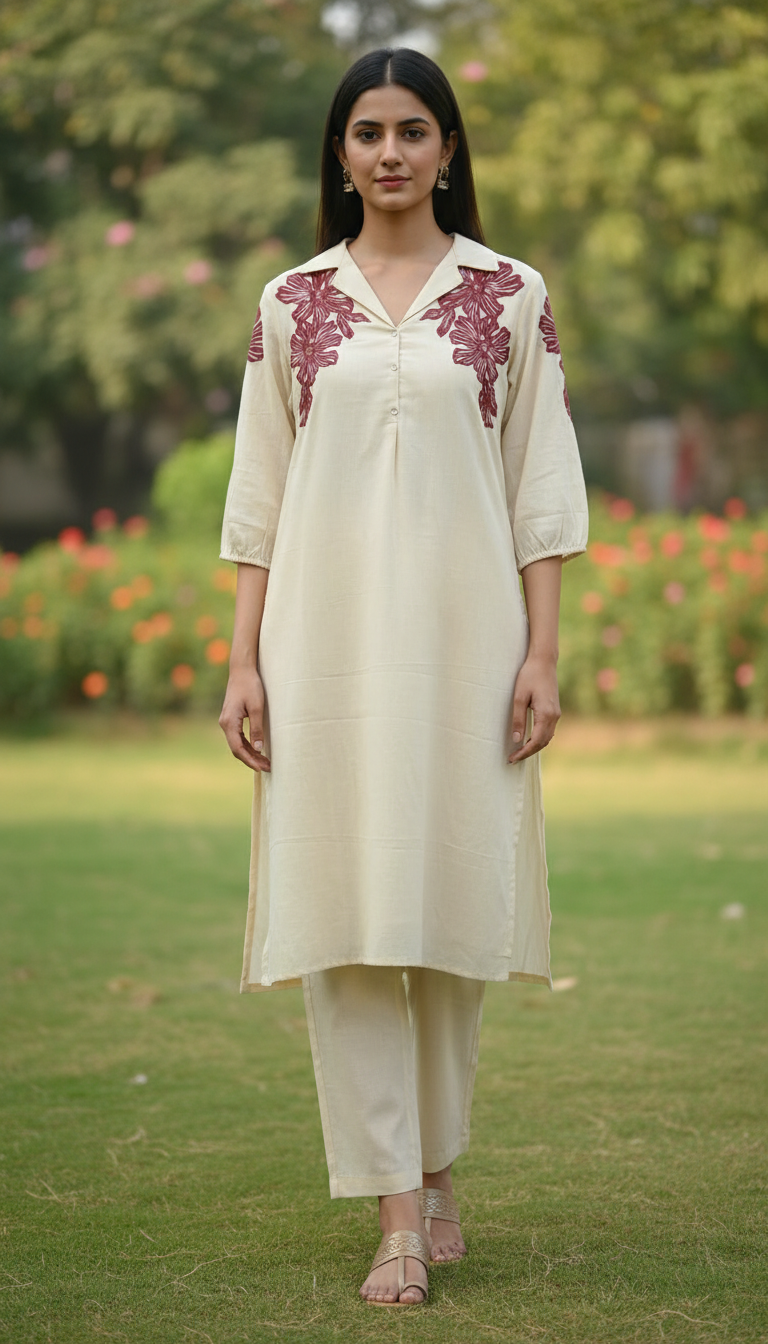 Handson White  Embroidery Kurta Set