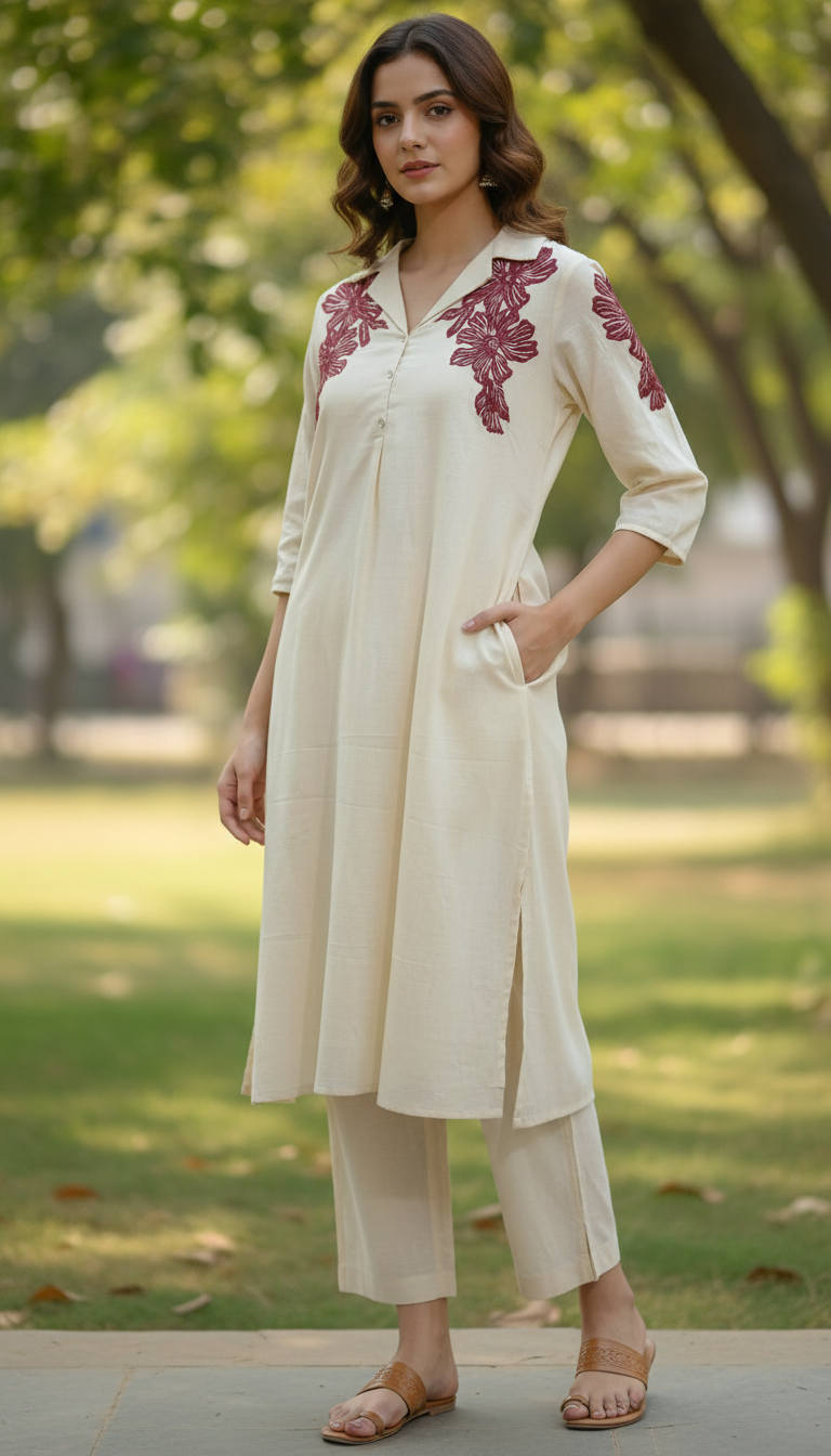 Handson White  Embroidery Kurta Set