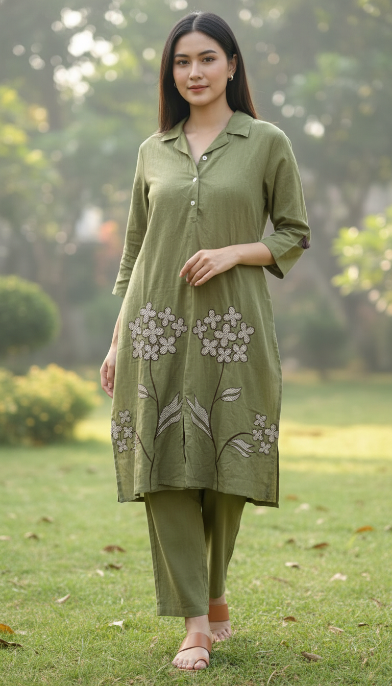 Flaur Olive Green Embroidery Co-ord set