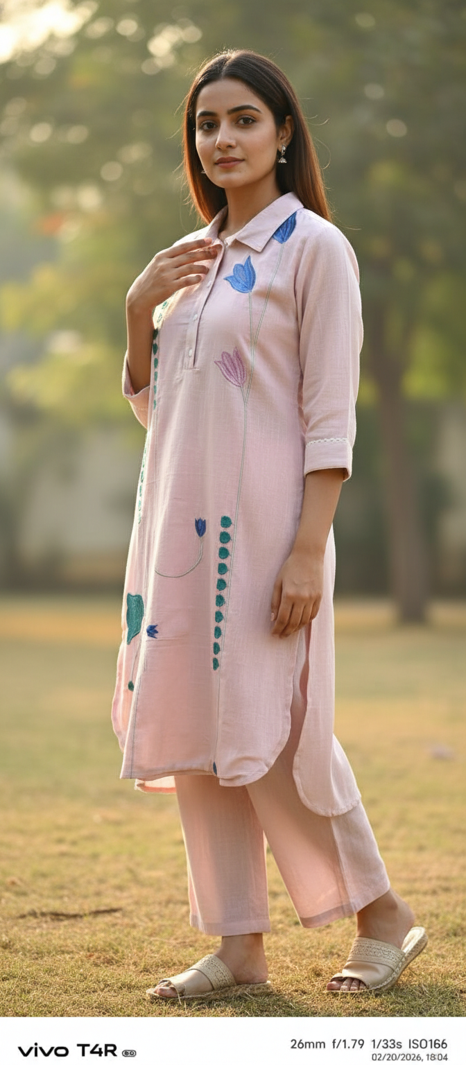 Salon Pink Embroidery Kurta Set