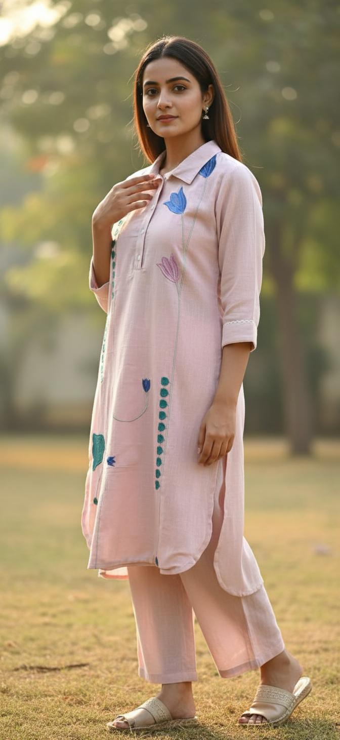 Salon Pink Embroidery Kurta Set