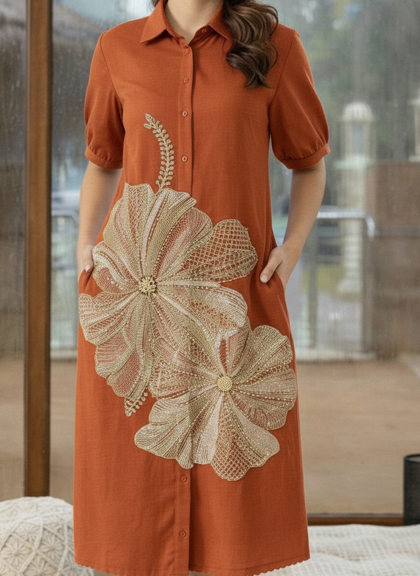 Henny Rust Embroidery Dress