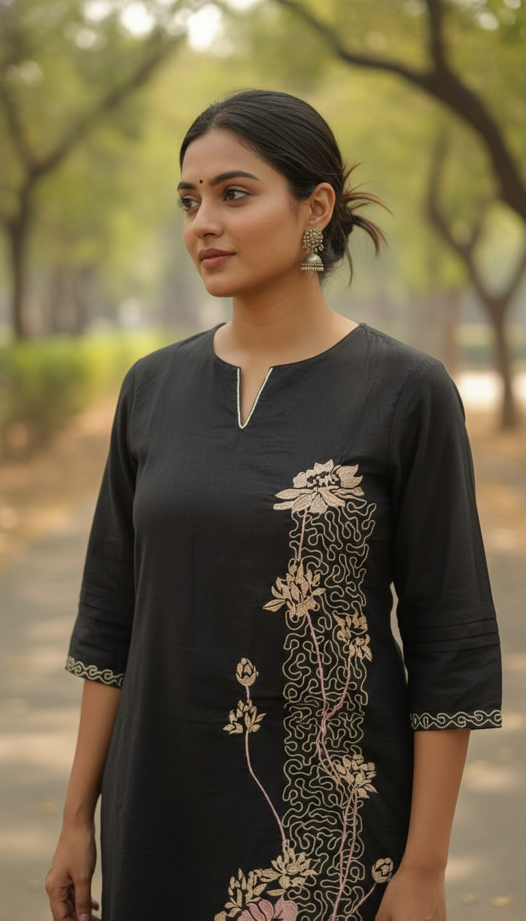 Varbena Black Embroidery Kurta Set