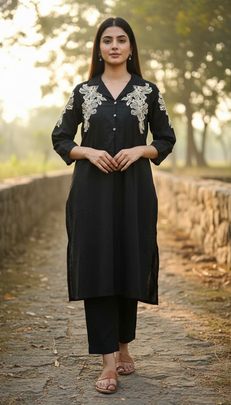 Handson Black Embroidery Kurta Set