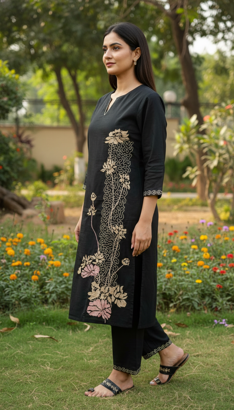 Varbena Black Embroidery Kurta Set