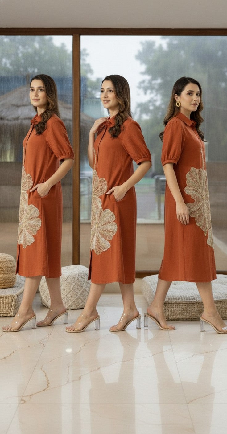Henny Rust Embroidery Dress