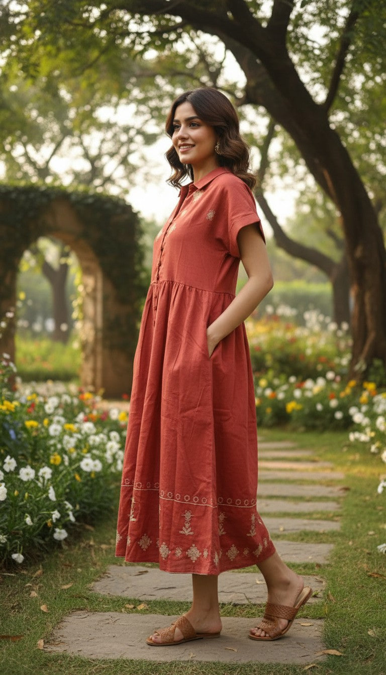 Dalya Marron Embroidery Dress