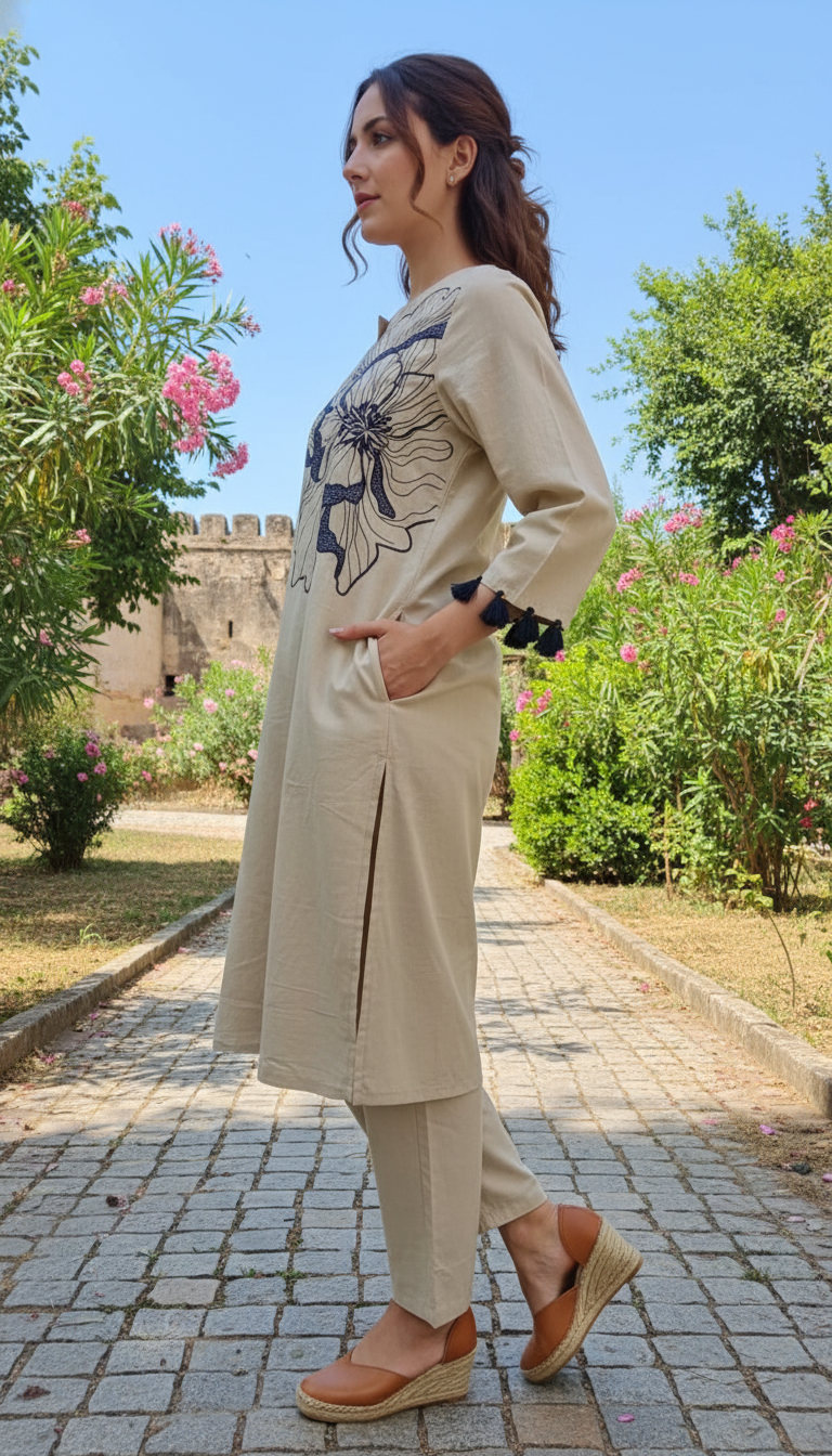 Wex Flower Beige Embroidery Kurta set