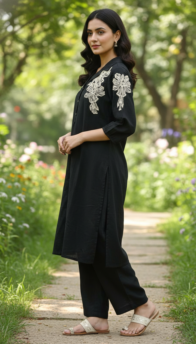 Handson Black Embroidery Kurta Set