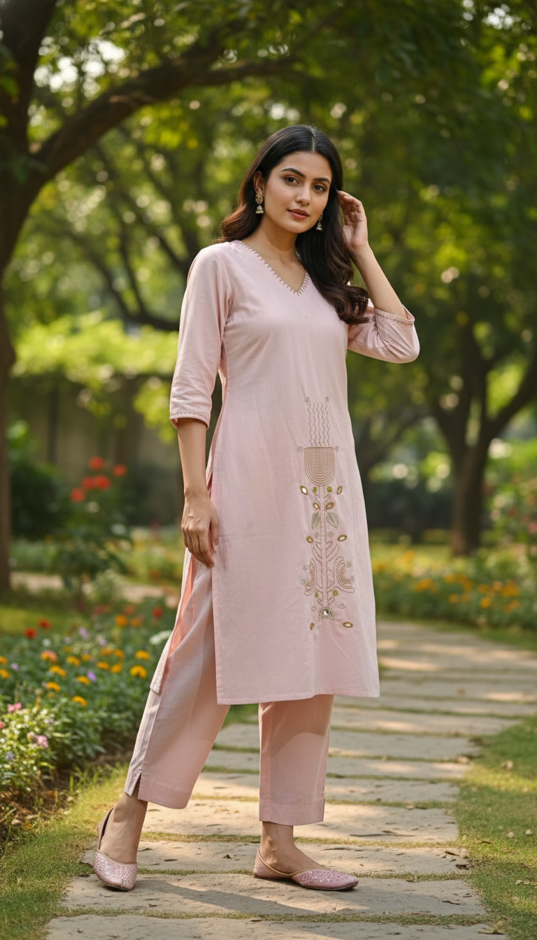 Nola Flower Pink Embroidery Kurta Set