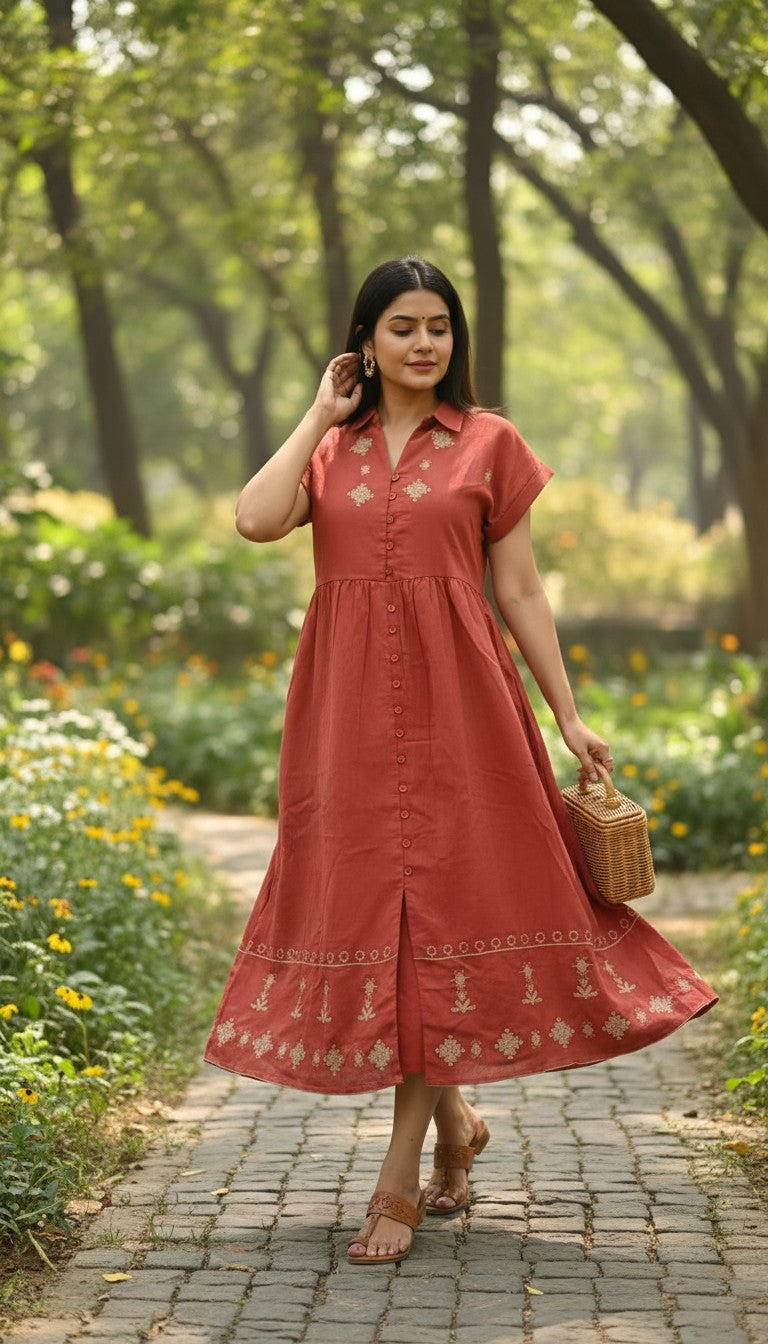 Dalya Marron Embroidery Dress