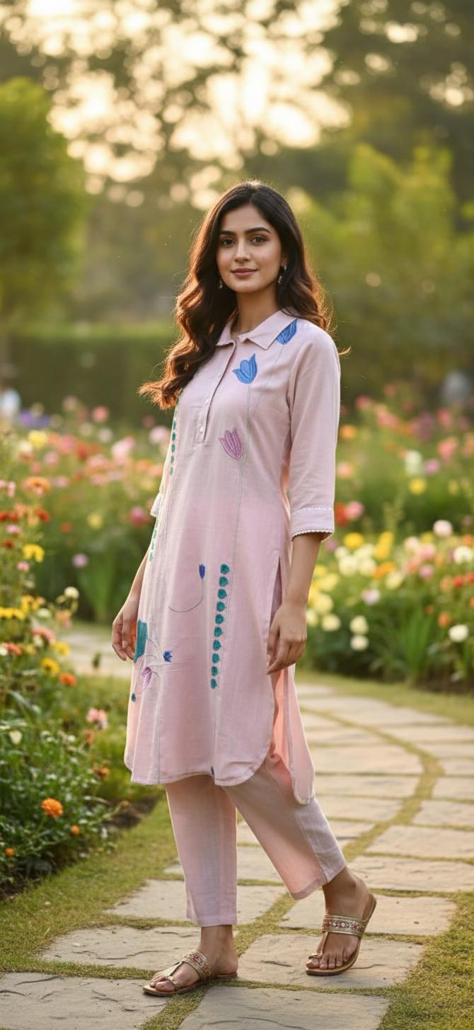 Salon Pink Embroidery Kurta Set