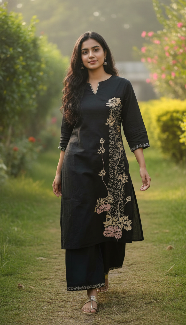 Varbena Black Embroidery Kurta Set