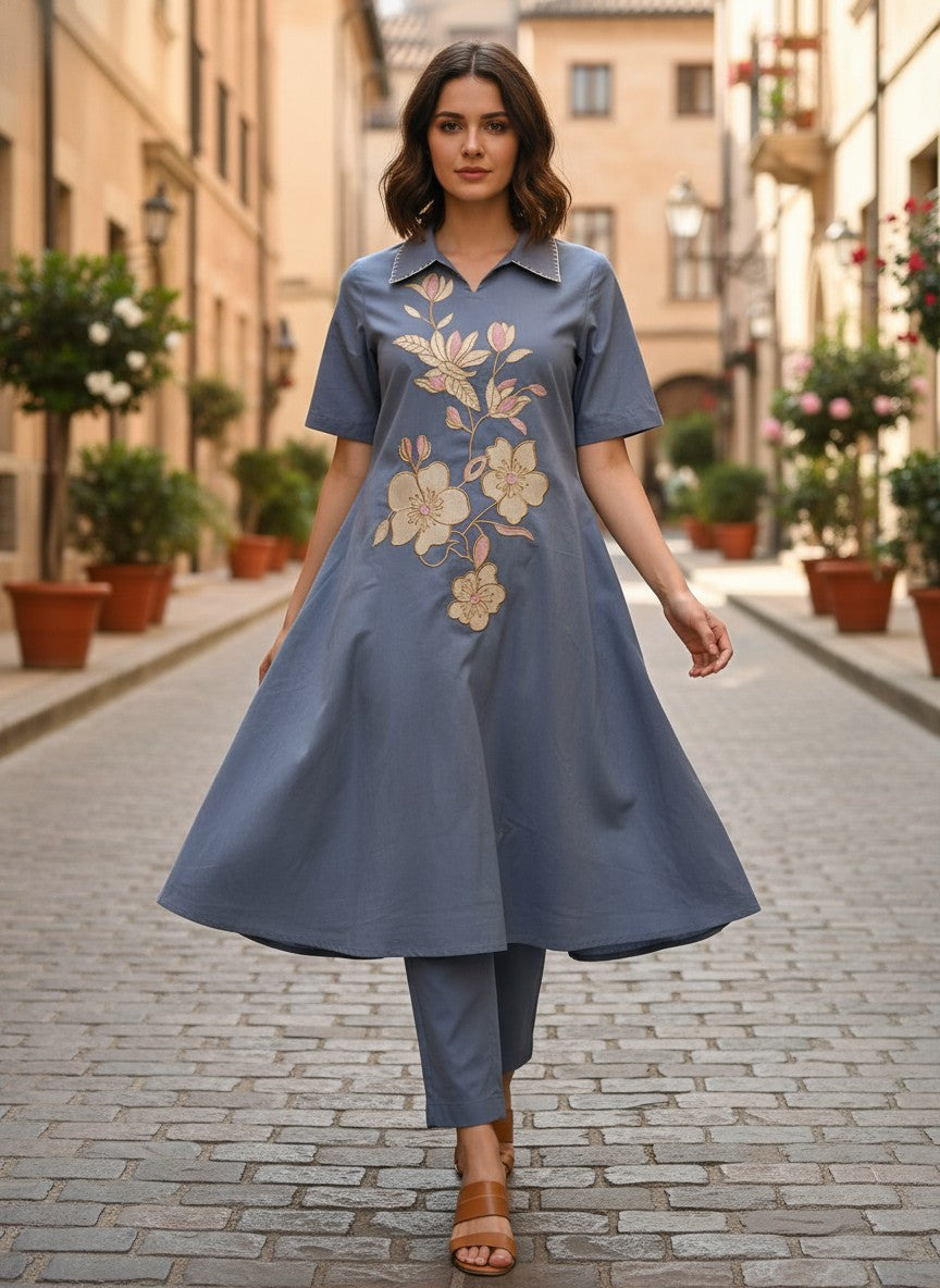 Charm Blue Embroidery Kurta Set